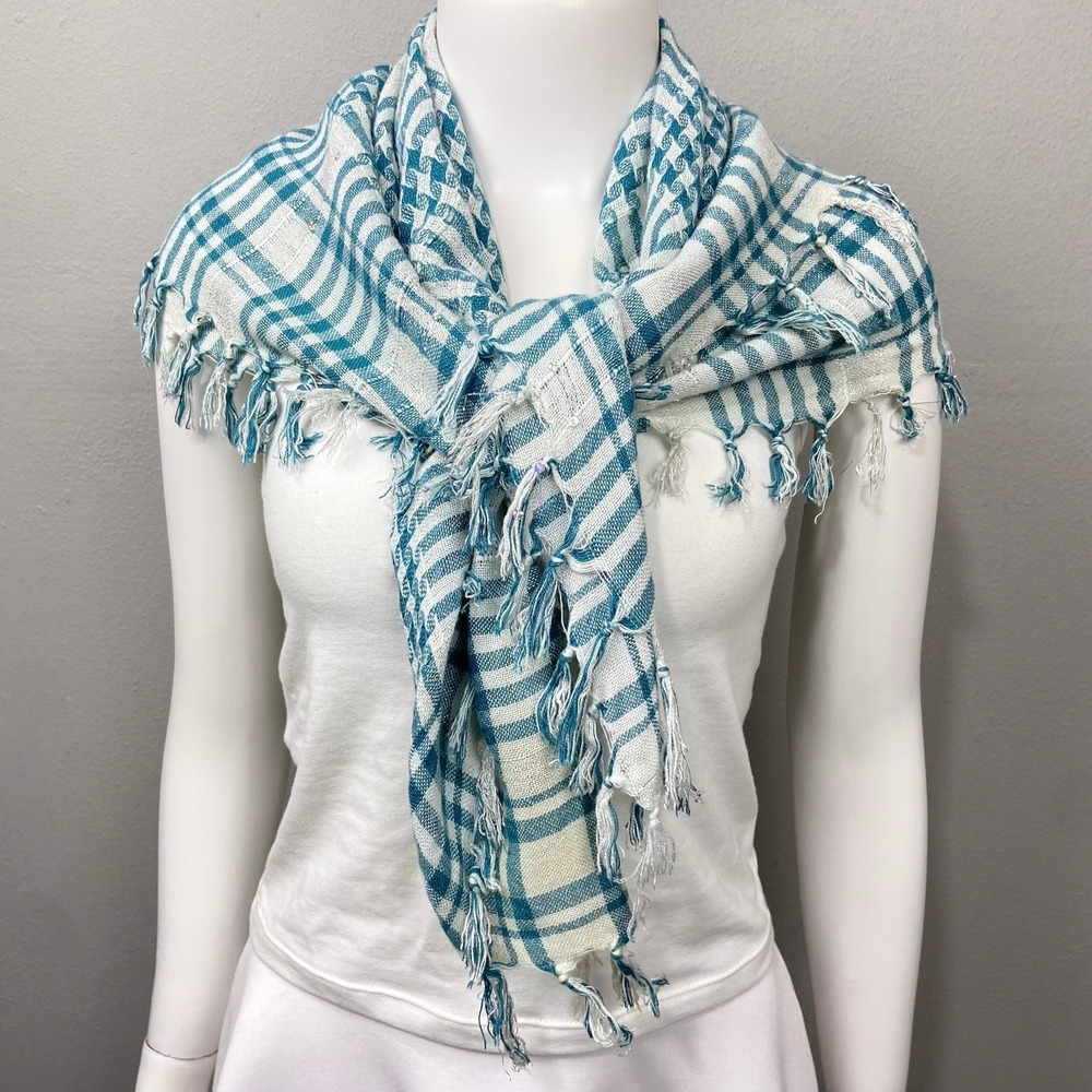 Plaid Fringe Scarf Blue‎ White Shawl Y2K Indie Sleaze Euro Summer Picnic Wrap